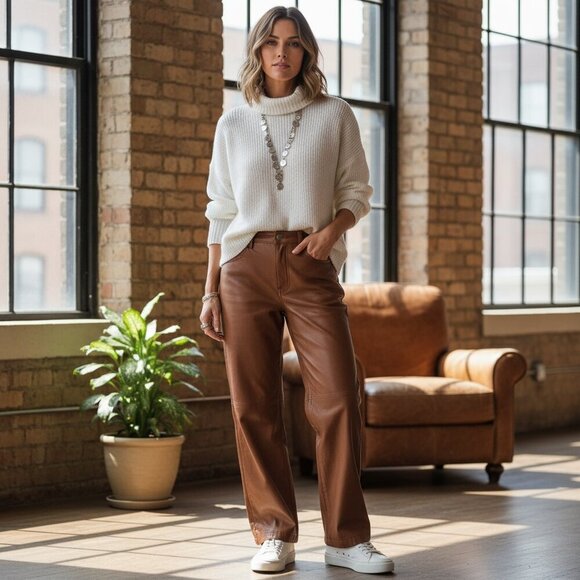 Shein Faux Leather Brown Straight Leg High Waist Pants sz L - Picture 1 of 10